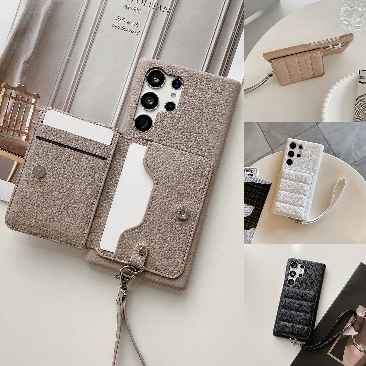 Leather phone case with built-in card holder and wrist strap.