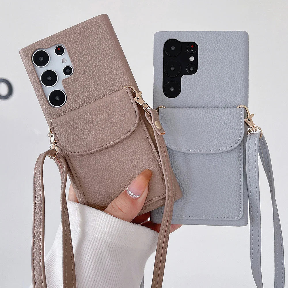 Leather phone cases with crossbody straps and camera cutouts.