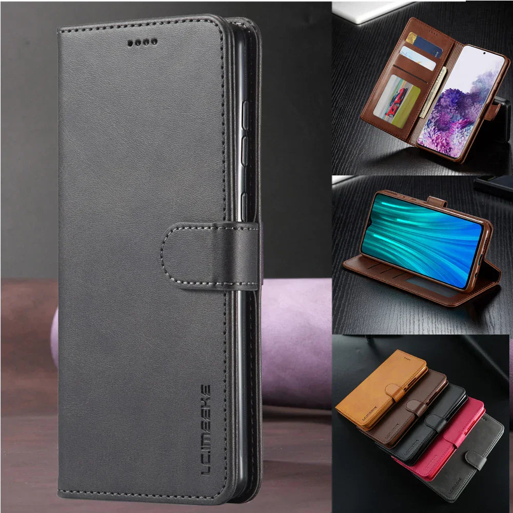 Leather wallet-style smartphone case with card slots and a flip cover.