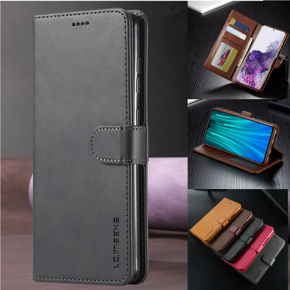 Leather wallet-style smartphone case with card slots and a flip cover.