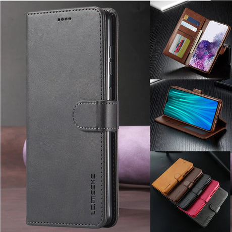 Leather wallet-style smartphone case with card slots and a flip cover.