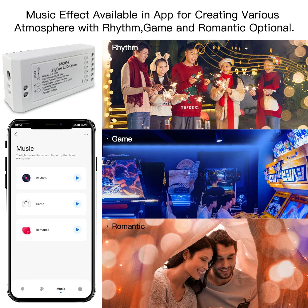 LED light controller with app-controlled music effects.