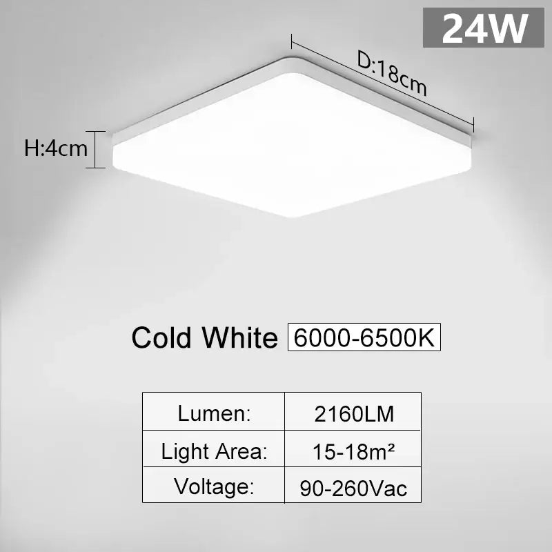 Led ceiling light, square shape, white, 24w