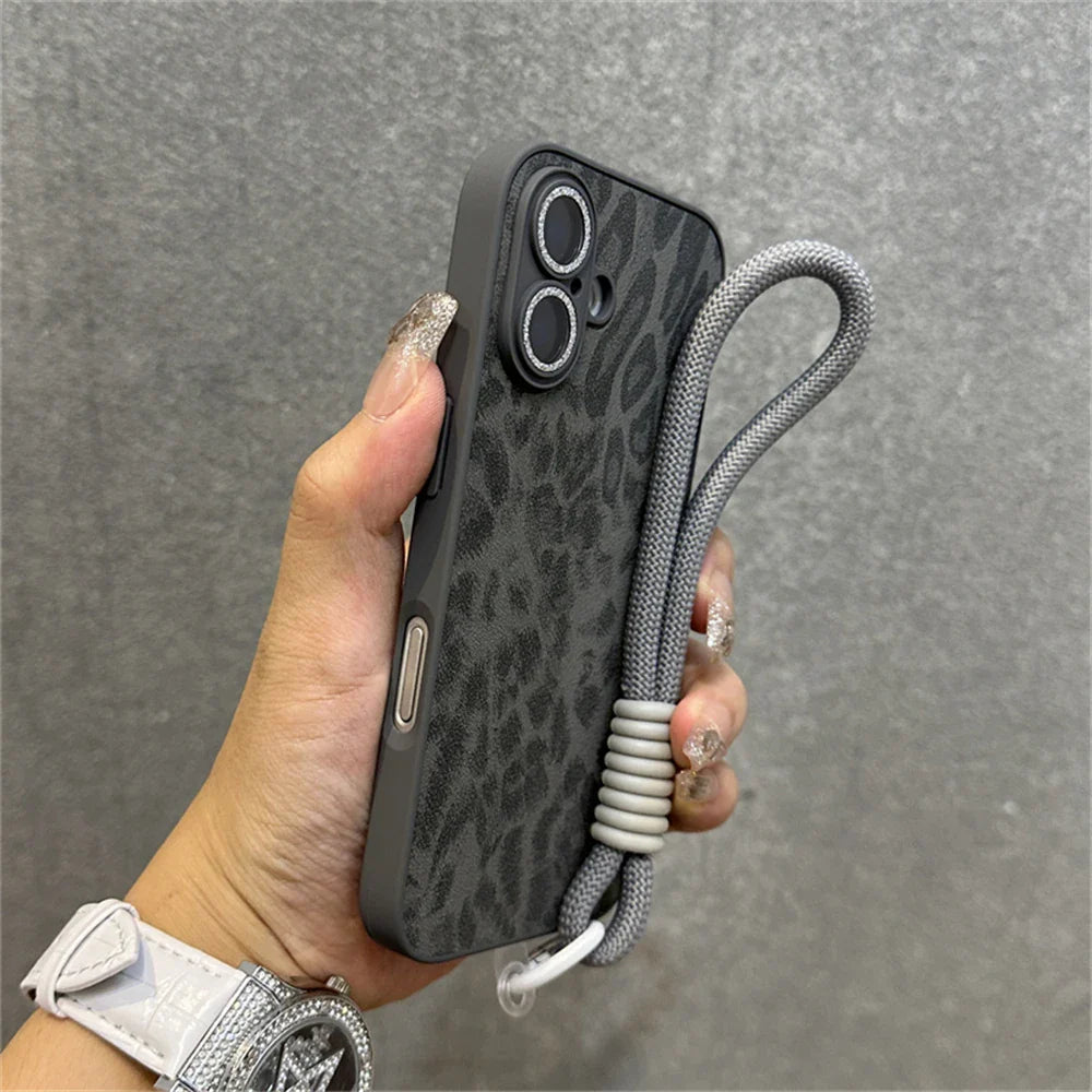 Leopard-print phone case with lanyard.