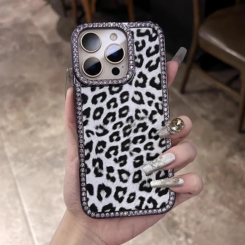 Leopard print phone case with rhinestone accents