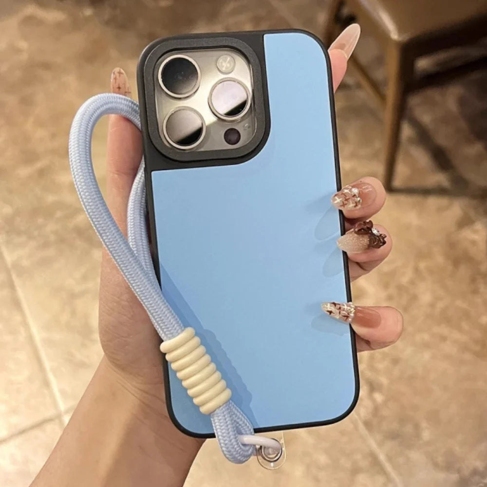 Light blue phone case with lanyard.
