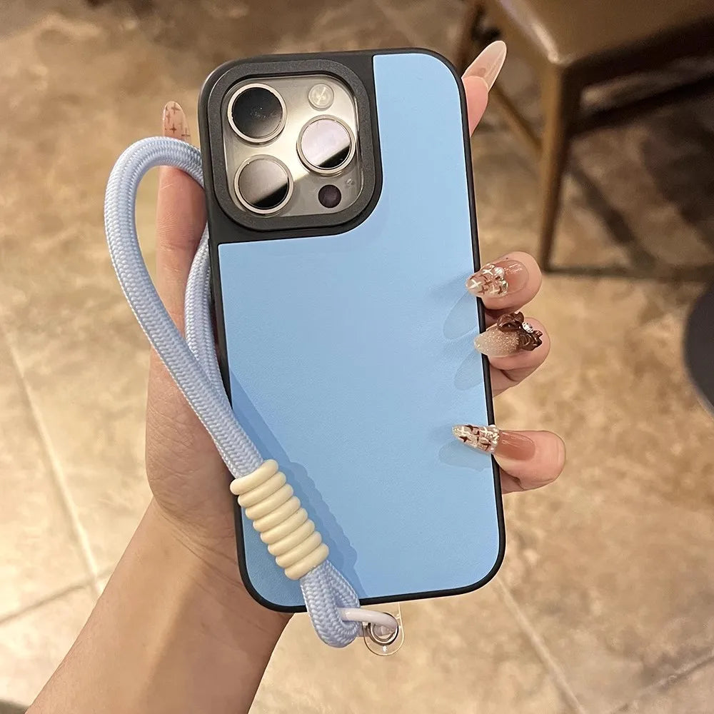 Light blue phone case with lanyard.