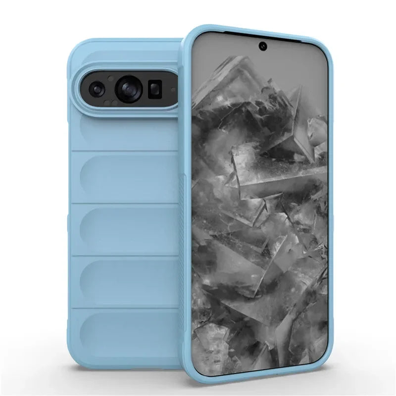 Light blue smartphone with a camera bar and a screen displaying a gray abstract pattern.