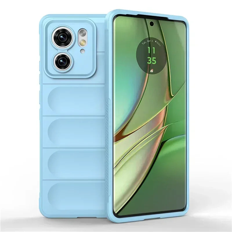 Light blue smartphone with a matching case featuring a raised camera module and horizontal ridges.