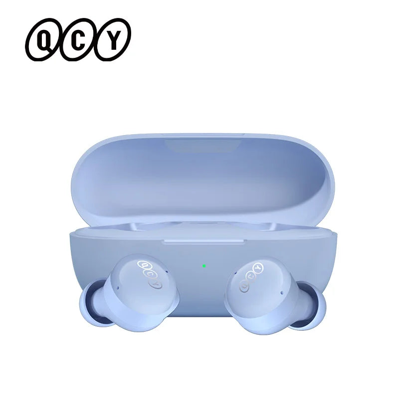 Light blue wireless earbuds and charging case.