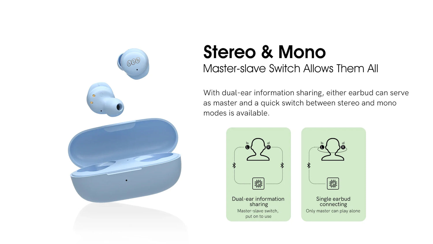 Light blue wireless earbuds and charging case.