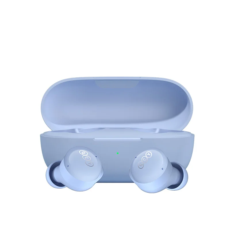 Light blue wireless earbuds and charging case.