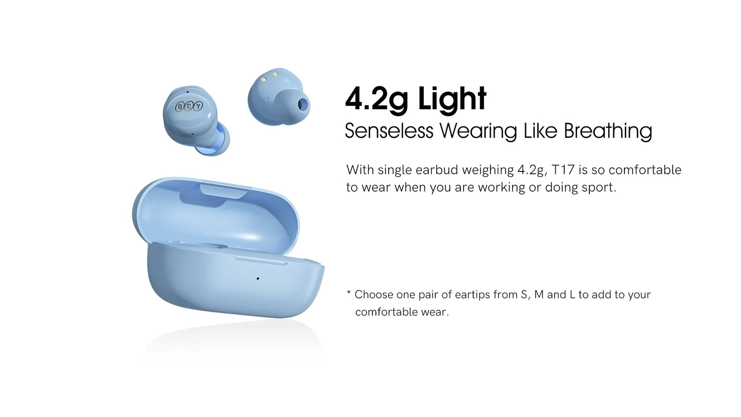 Light blue wireless earbuds and charging case.