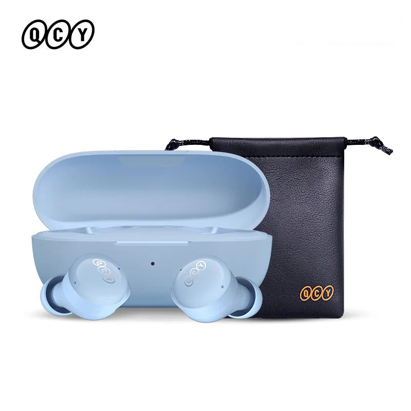 Light blue wireless earbuds with charging case and black carrying pouch.