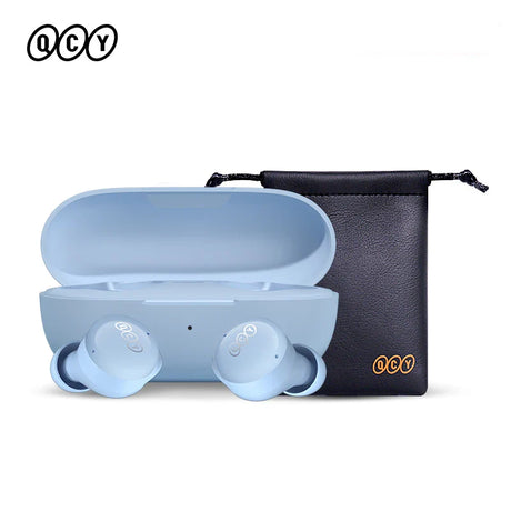 Light blue wireless earbuds with charging case and black carrying pouch.