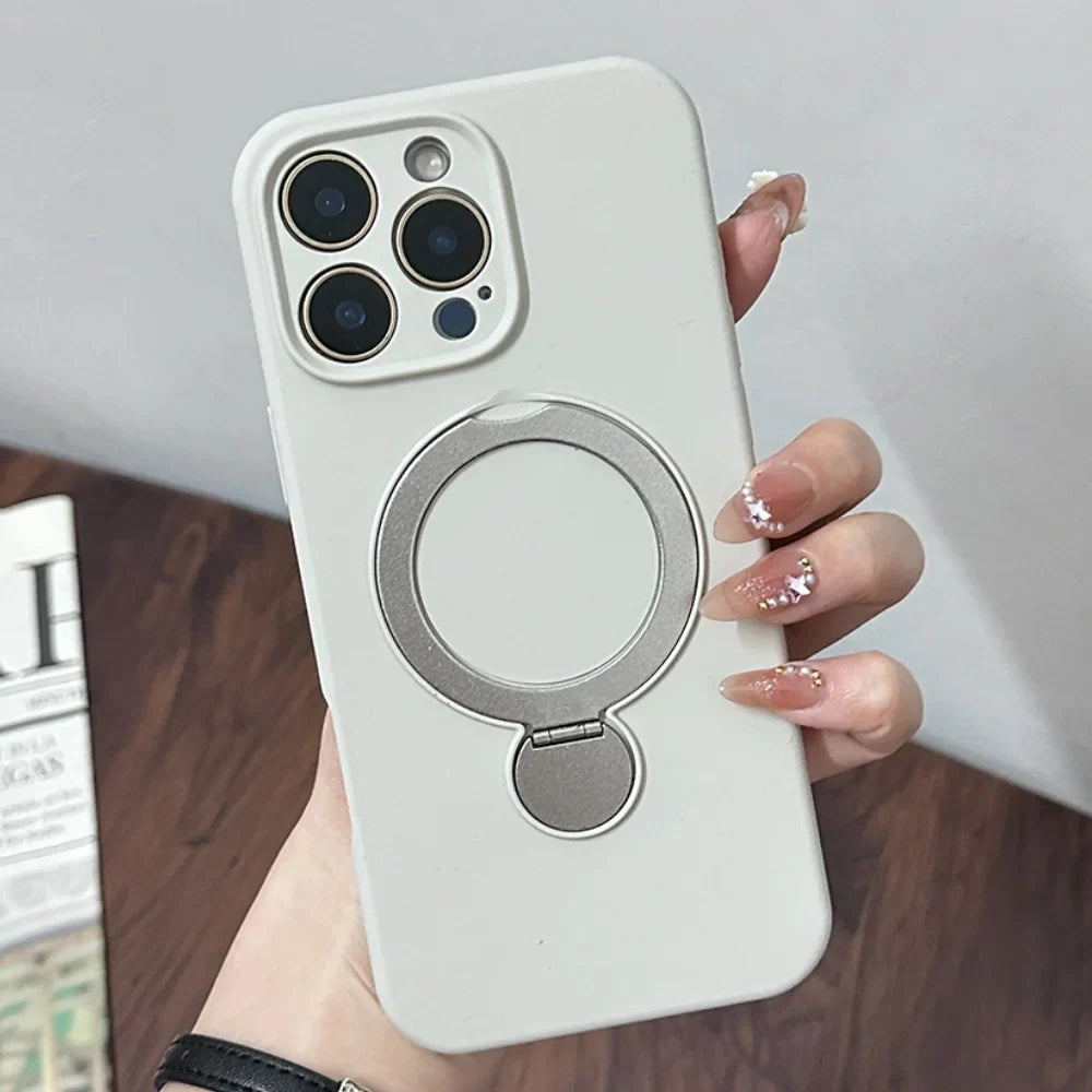 Light gray iPhone case with a silver metallic ring stand.