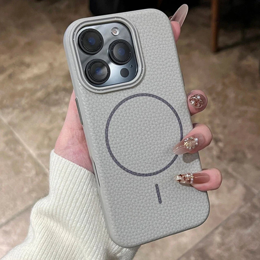Light gray textured iPhone case with a circular MagSafe ring and a decorative long nail.