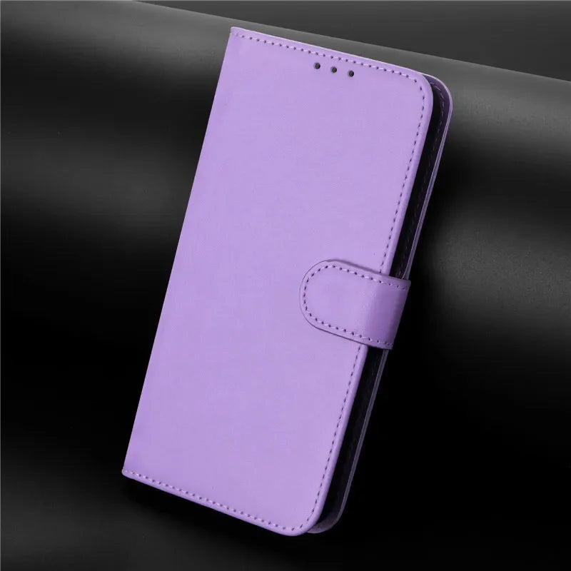 Light purple faux leather wallet phone case with a magnetic clasp.