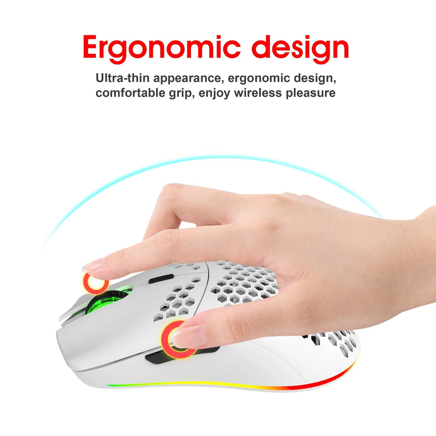 Lightweight, ergonomic computer mouse with a perforated shell design and colorful LED accents.