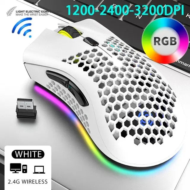 Lightweight honeycomb-design gaming mouse with RGB lighting and wireless capability.