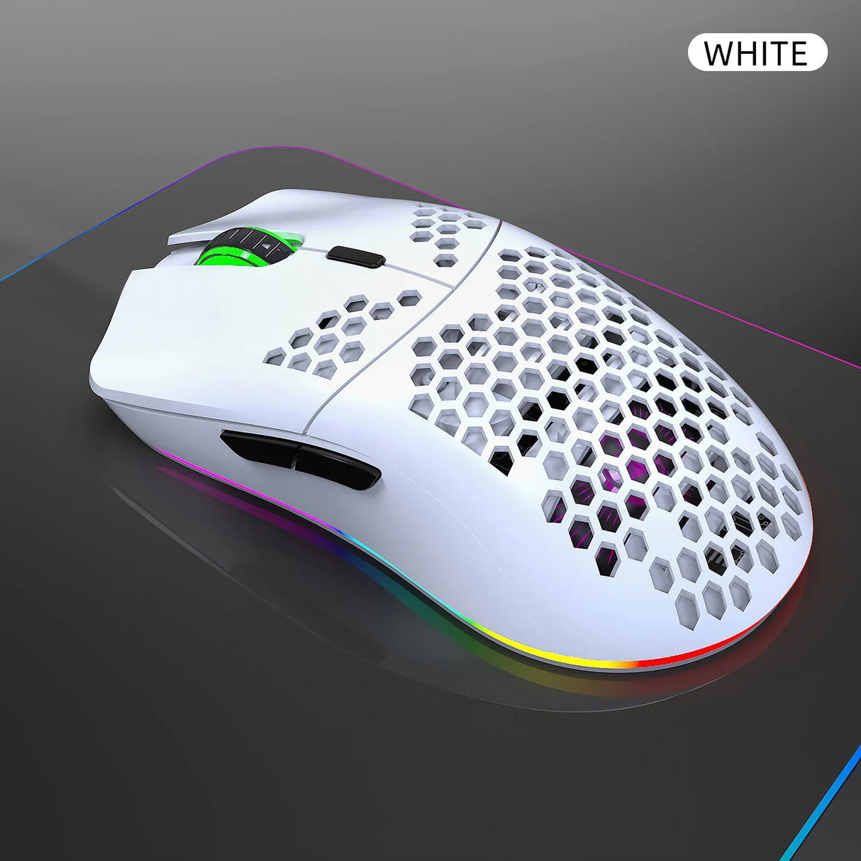Lightweight gaming mouse with honeycomb shell design and RGB lighting.