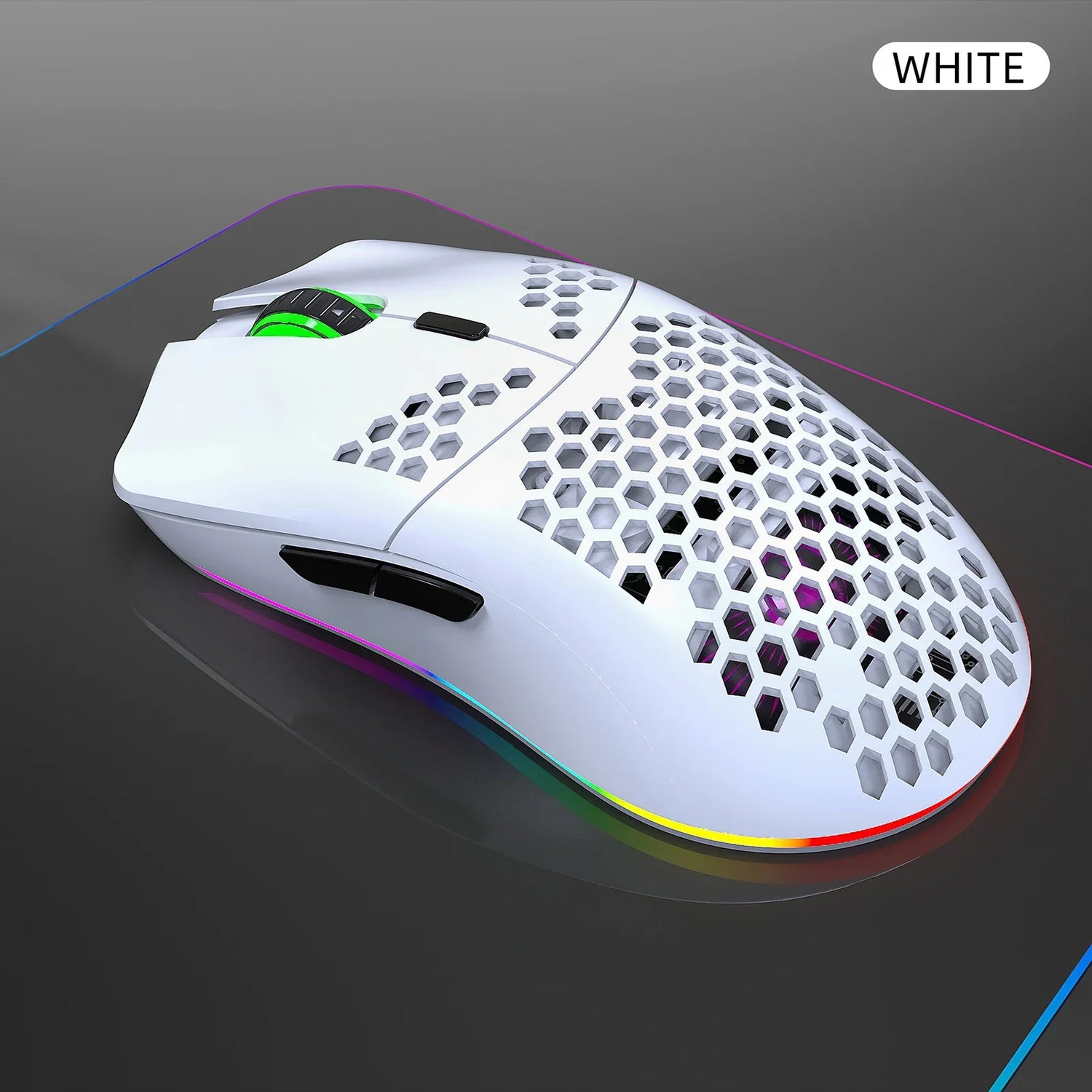 Lightweight gaming mouse with honeycomb shell design and RGB lighting.