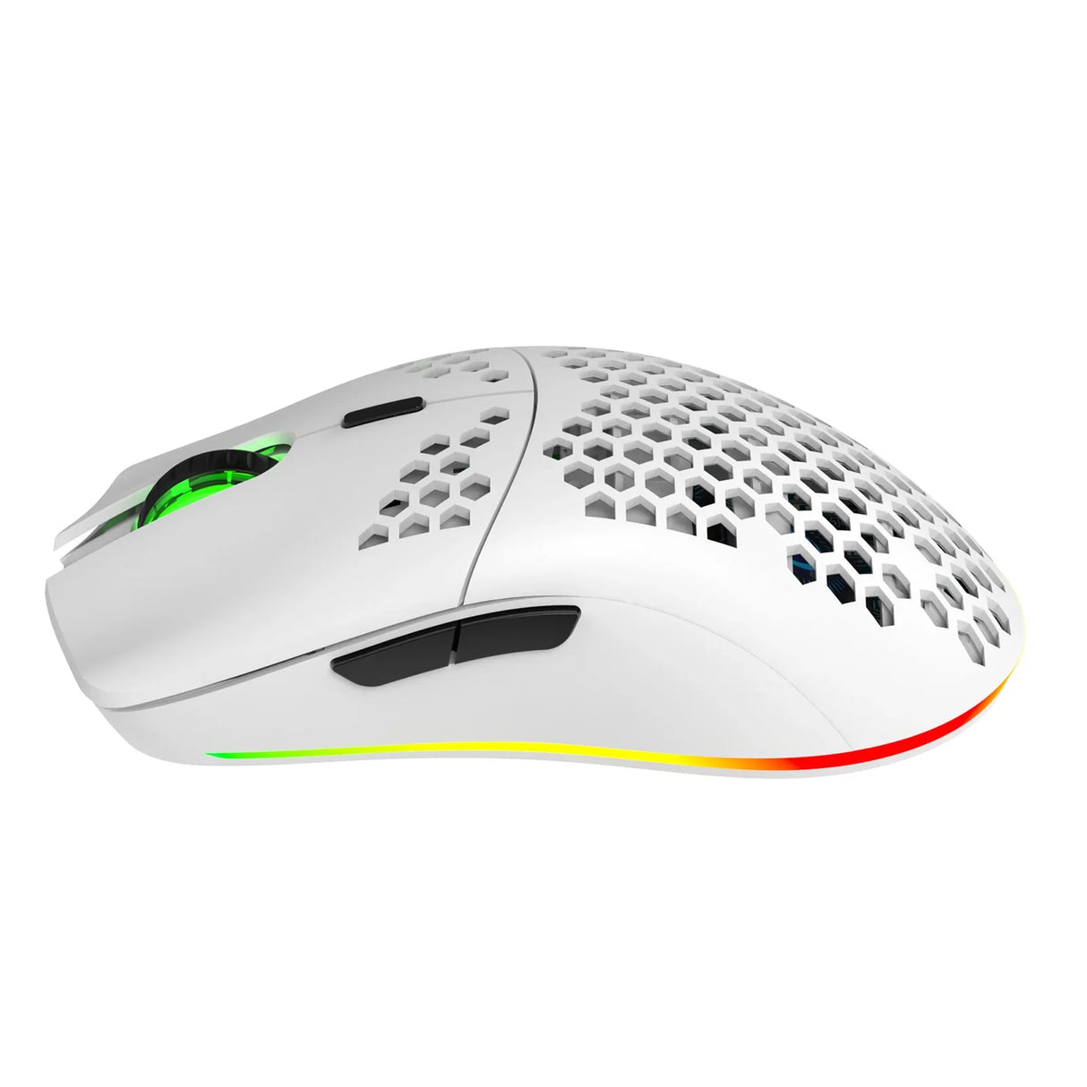 Lightweight gaming mouse with a honeycomb shell design and RGB lighting strip.