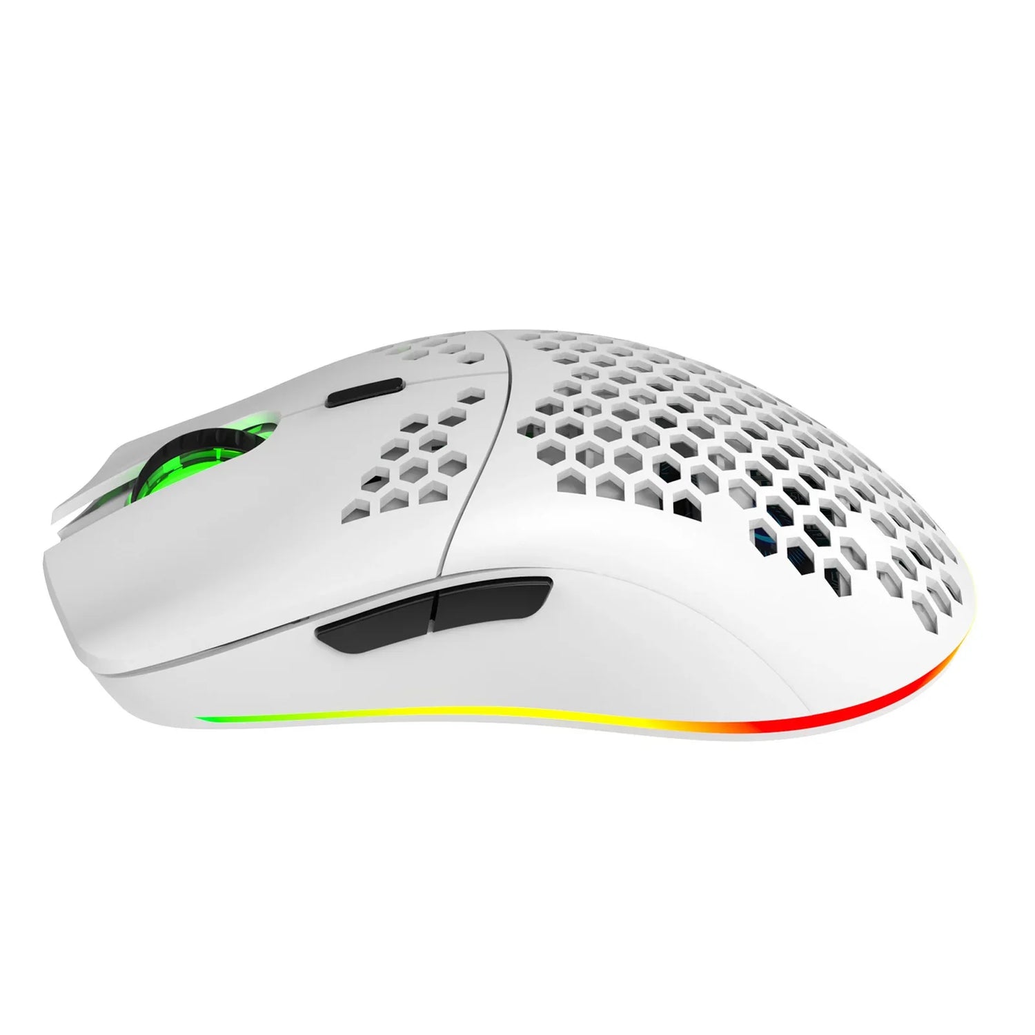 Lightweight gaming mouse with a honeycomb shell design and RGB lighting strip.