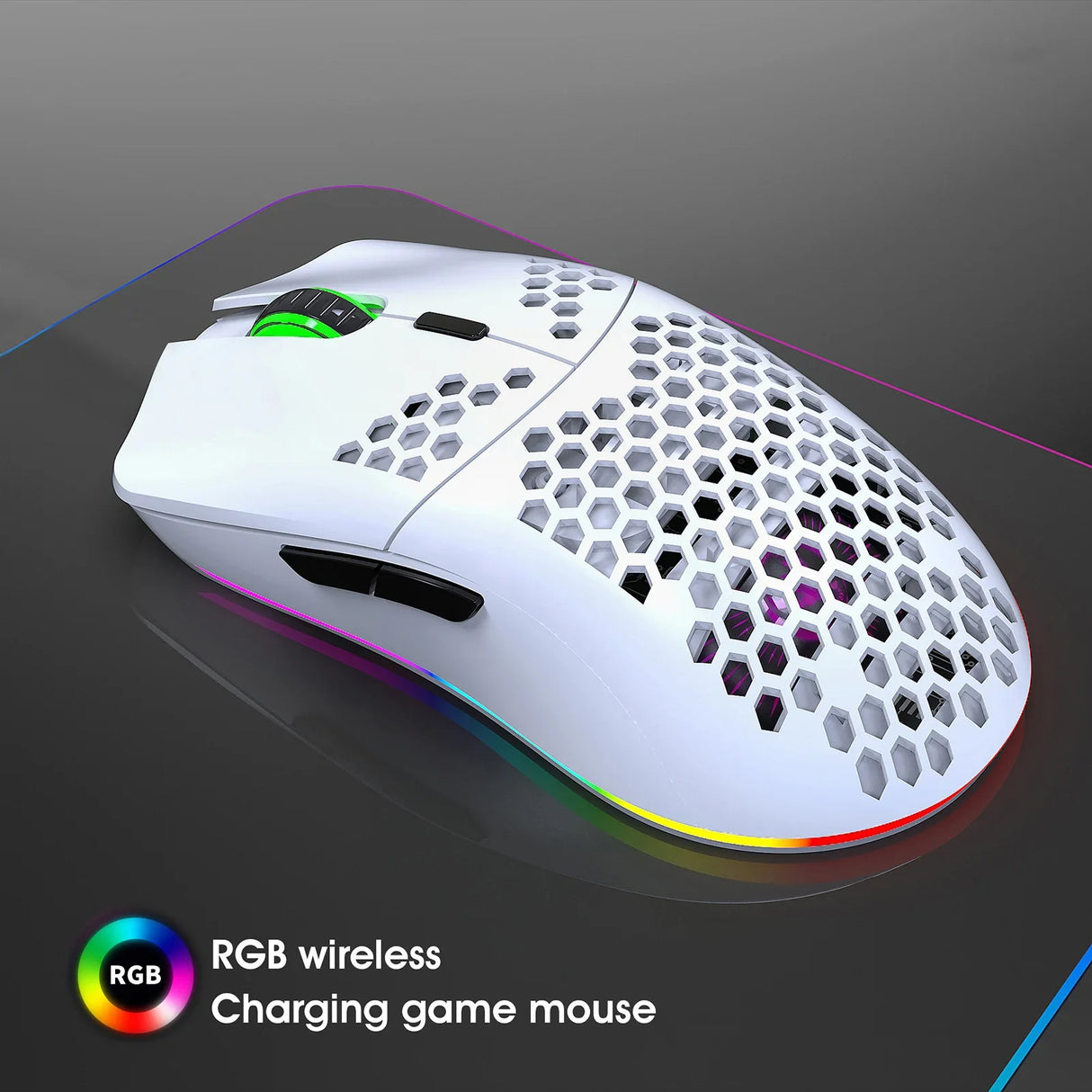 Lightweight white gaming mouse with honeycomb shell design and RGB lighting.