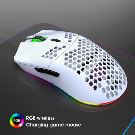 Lightweight white gaming mouse with honeycomb shell design and RGB lighting.