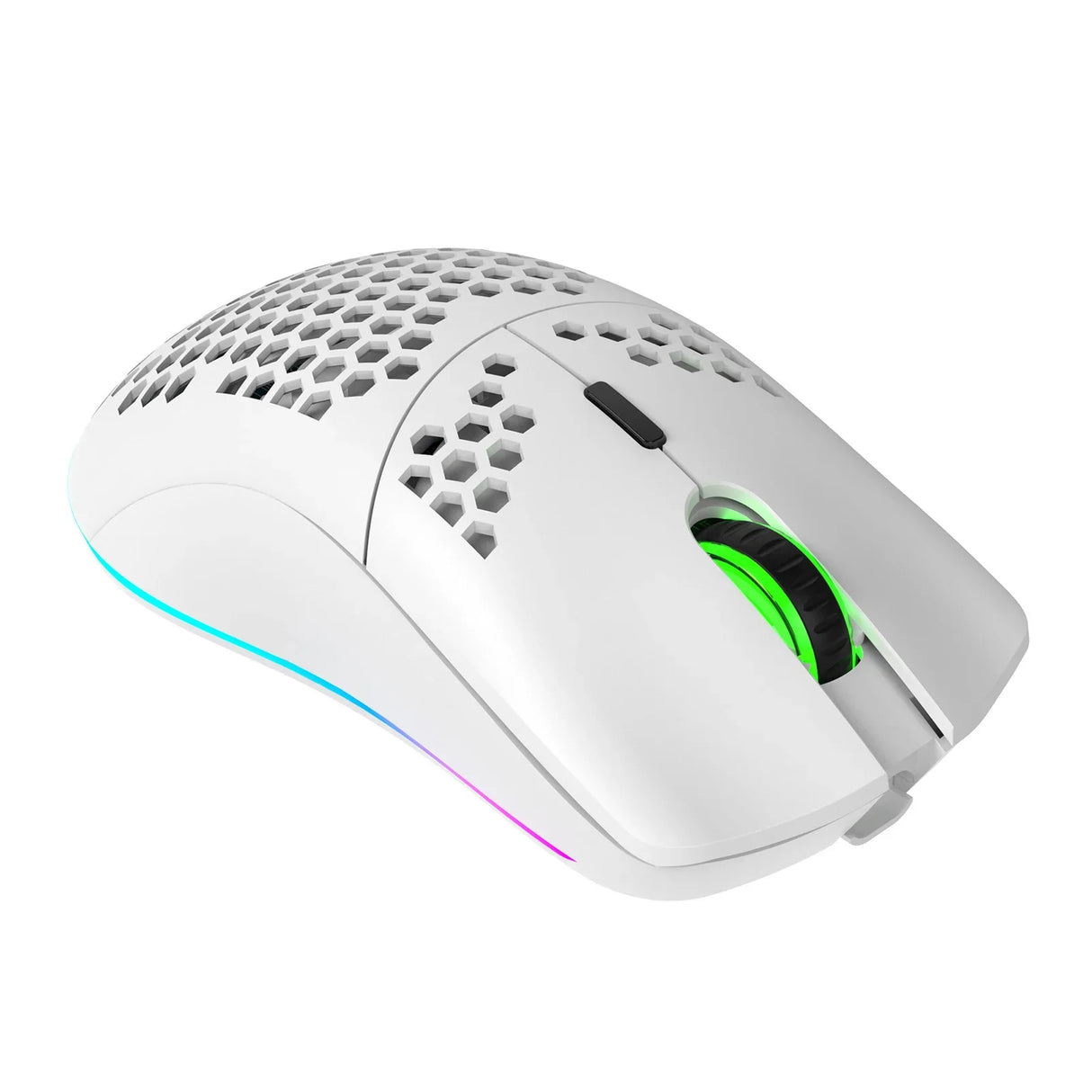 Lightweight white gaming mouse with honeycomb shell design and RGB lighting.