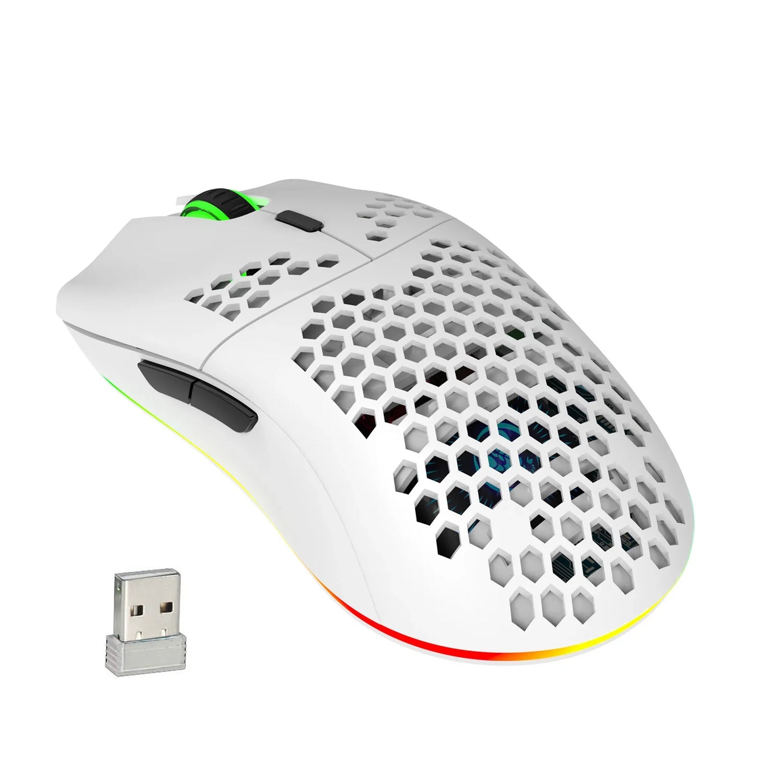 Lightweight wireless gaming mouse with a honeycomb shell design and RGB lighting.