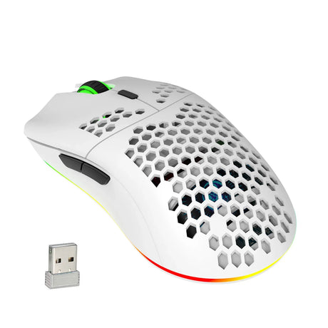 Lightweight wireless gaming mouse with a honeycomb shell design and RGB lighting.