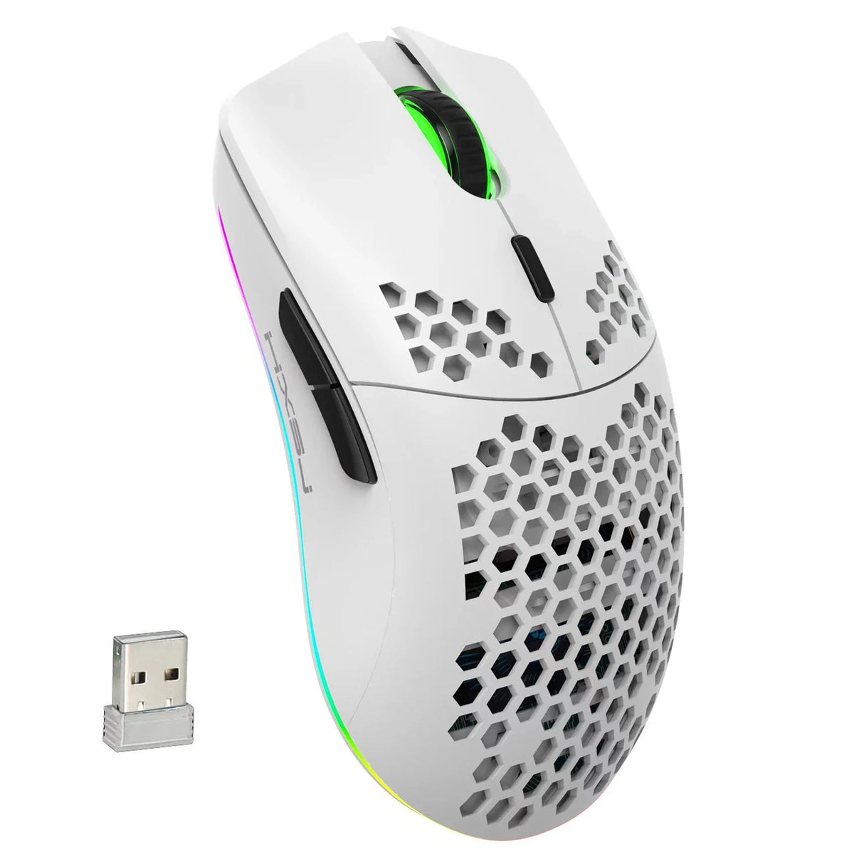 Lightweight wireless gaming mouse with a honeycomb shell design and RGB lighting.