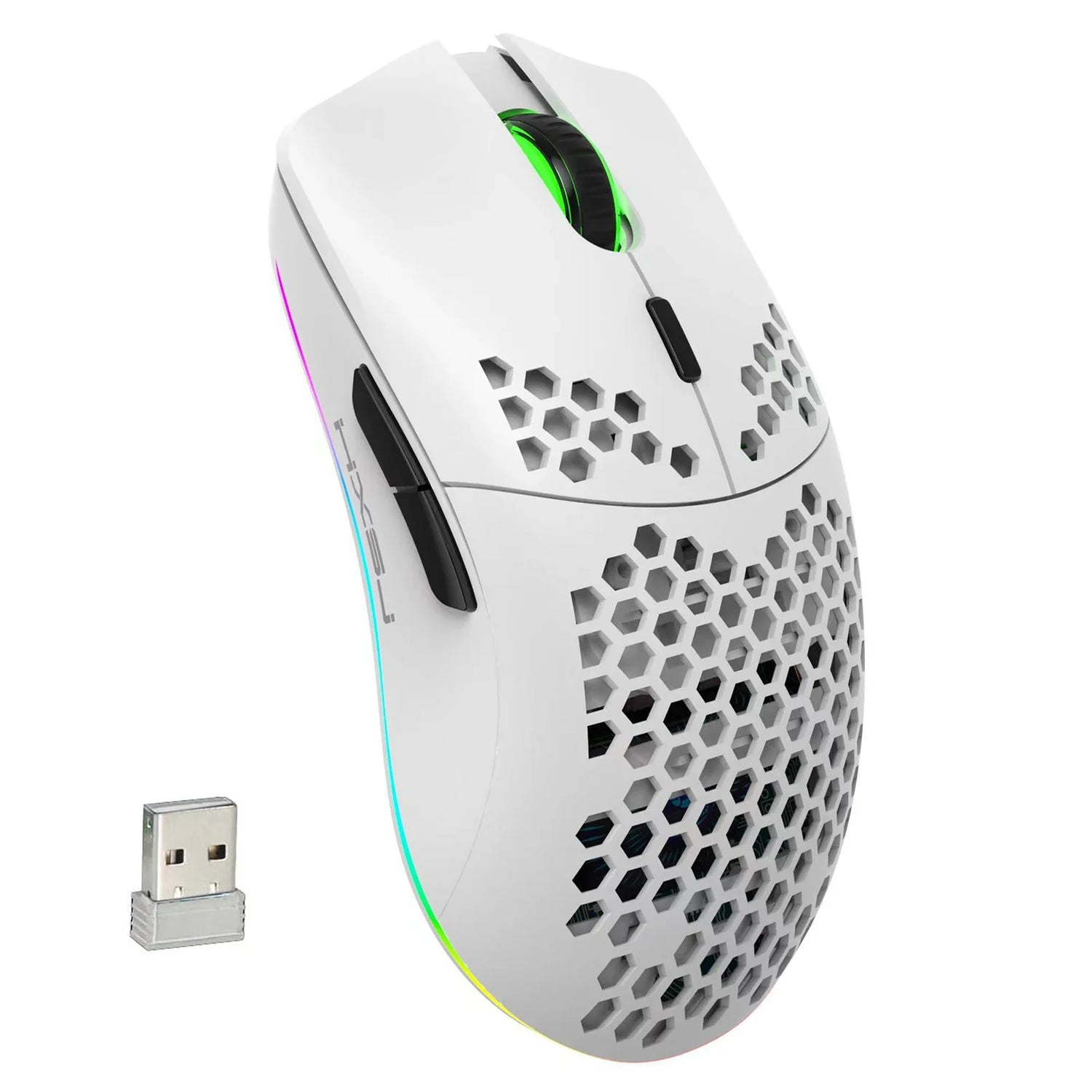 Lightweight wireless gaming mouse with a honeycomb shell design and RGB lighting.