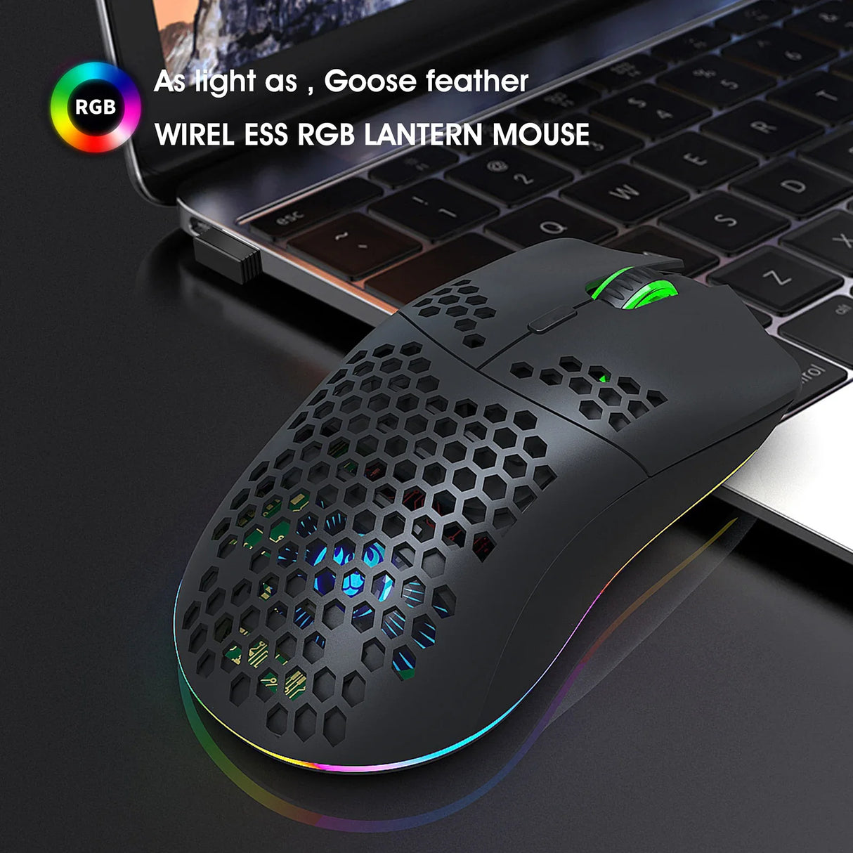Lightweight wireless gaming mouse with a honeycomb shell design and RGB lighting.