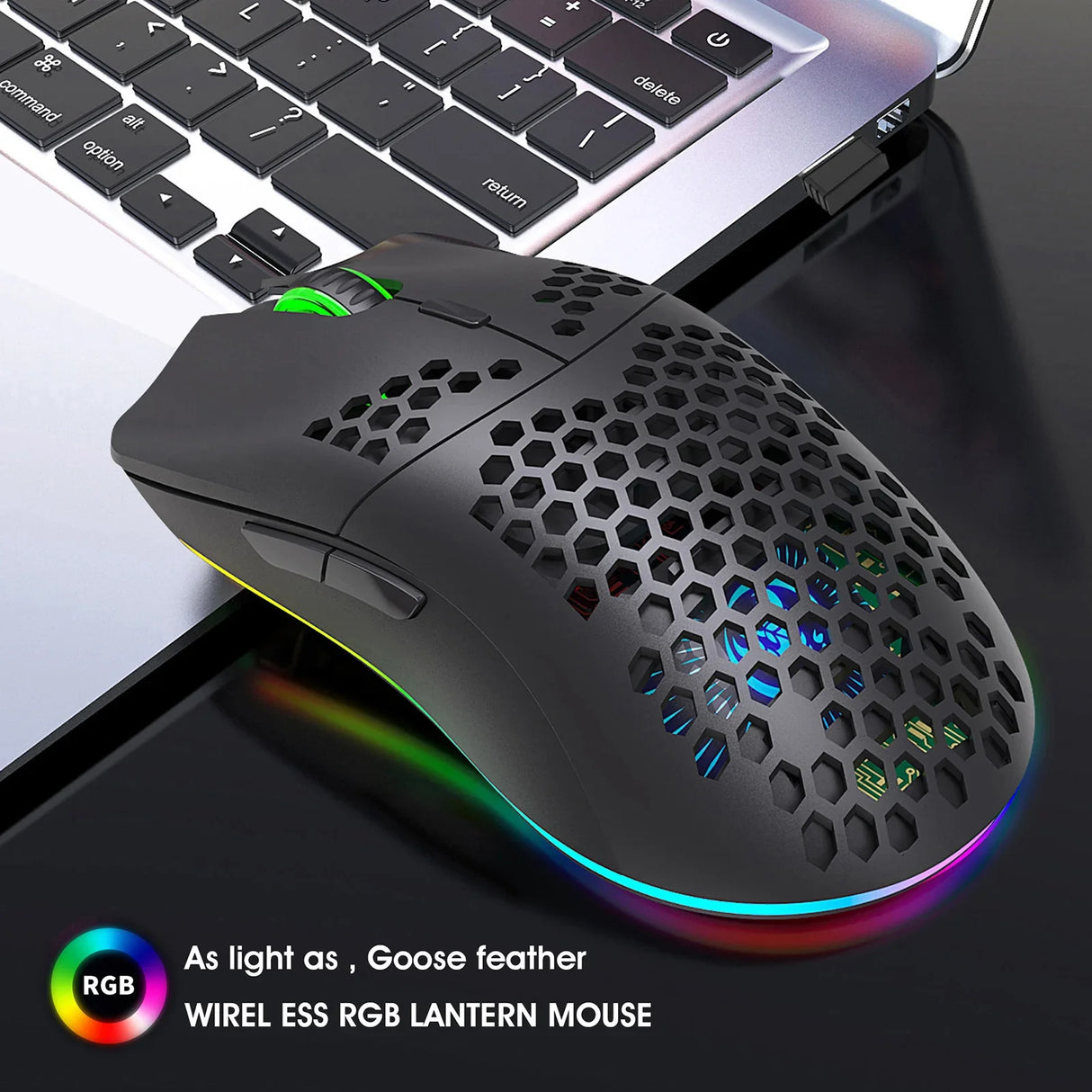 Lightweight wireless gaming mouse with a honeycomb shell design and RGB lighting.