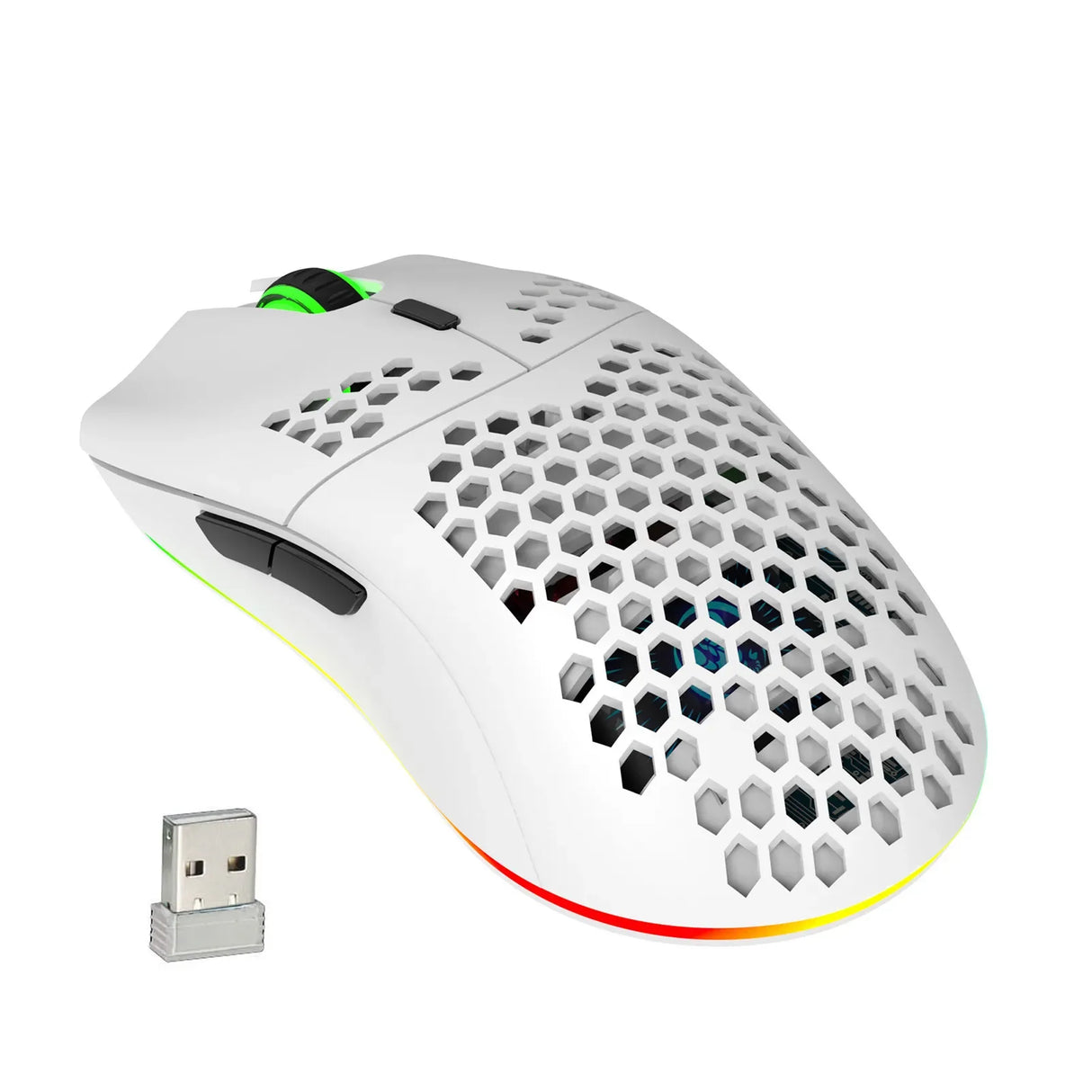 Lightweight wireless gaming mouse with a honeycomb shell design and RGB lighting.