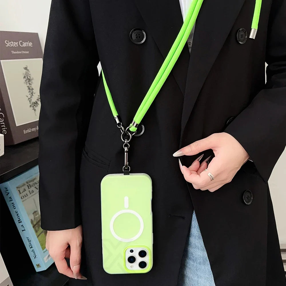 Lime green phone case with lanyard.