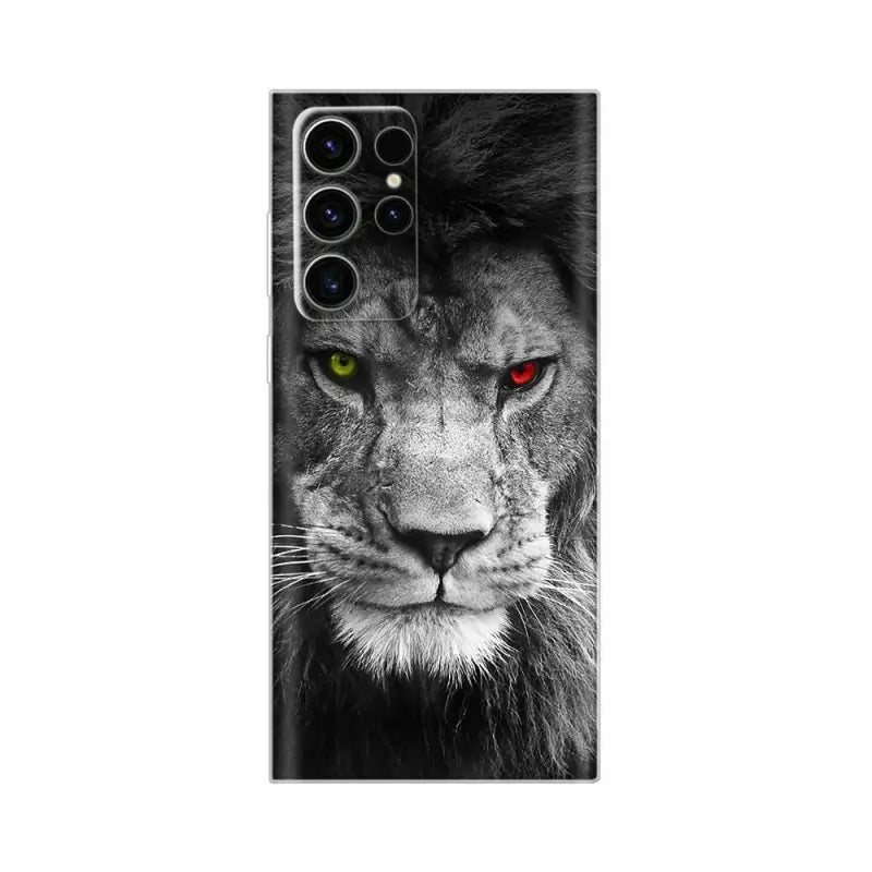 a black and white photo of a lion with red eyes