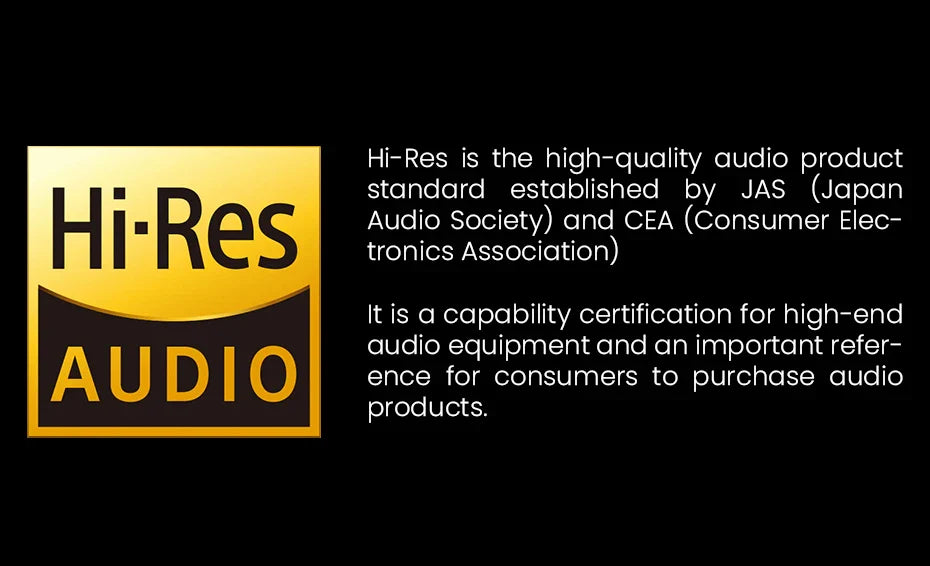 Logo for Hi-Res Audio, featuring yellow and black text on a gradient background.