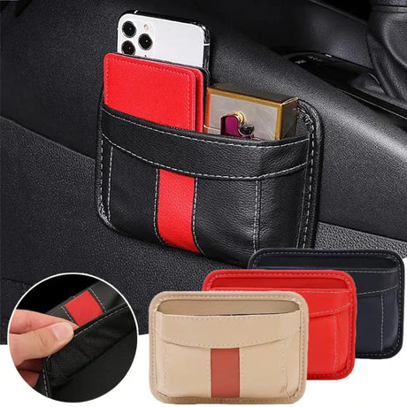 a black leather phone case with a red and white stripe