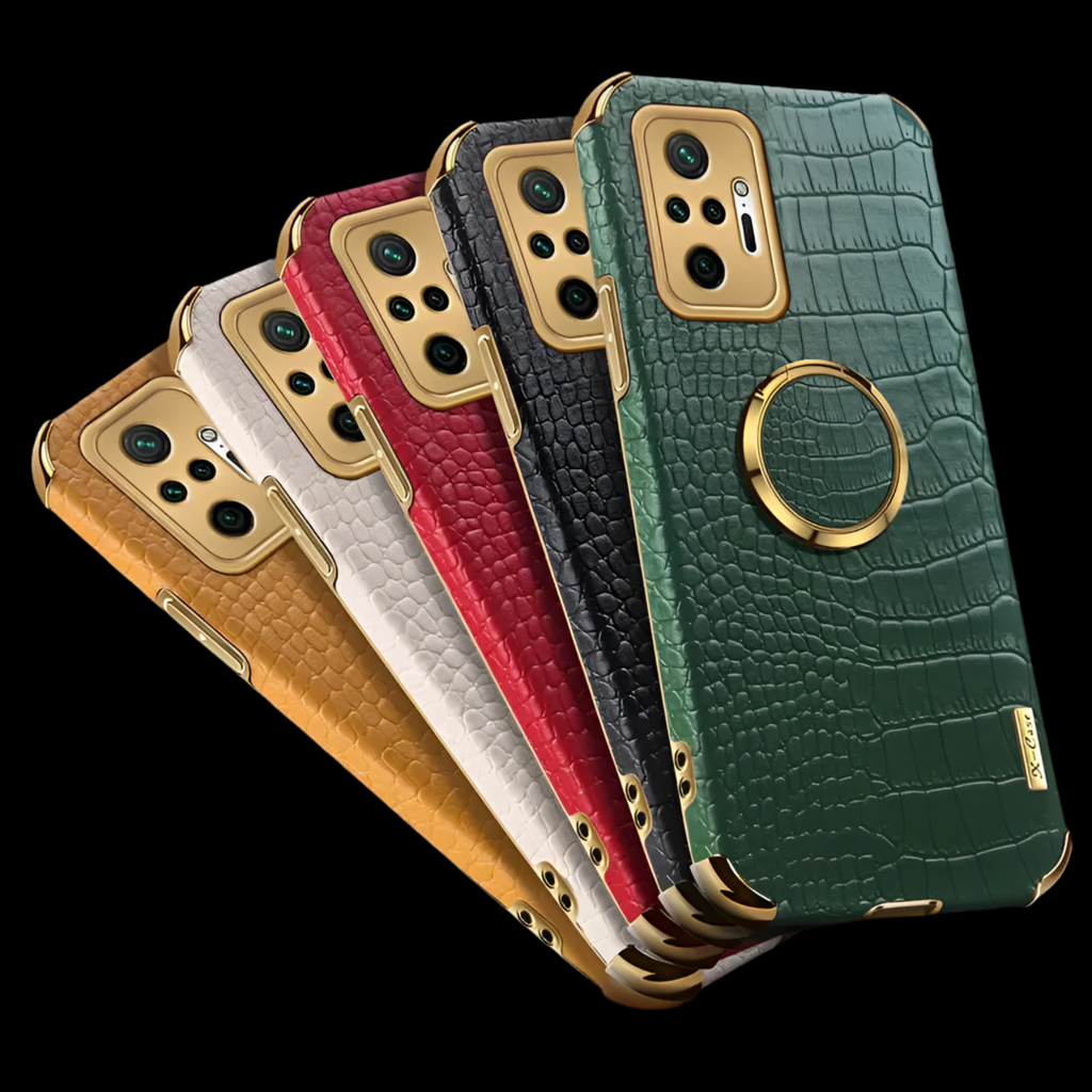 Luxury smartphone cases in various colors with crocodile-textured leather and gold accents.
