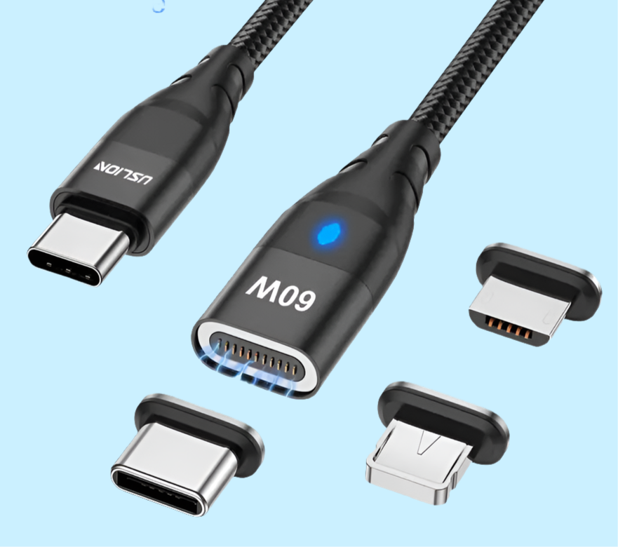 Magnetic USB-C cable with interchangeable connector tips.