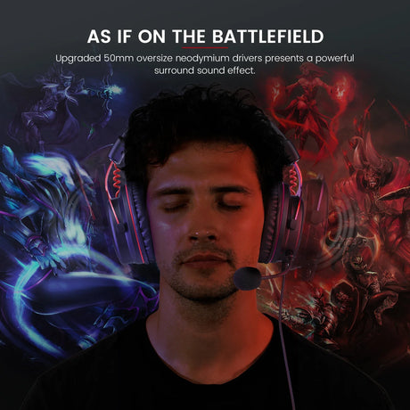 Man wearing headphones with eyes closed, surrounded by colorful abstract battle imagery.