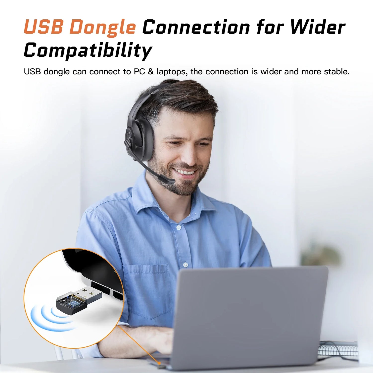 Man wearing headphones while working on a laptop, with an inset image of a USB dongle.