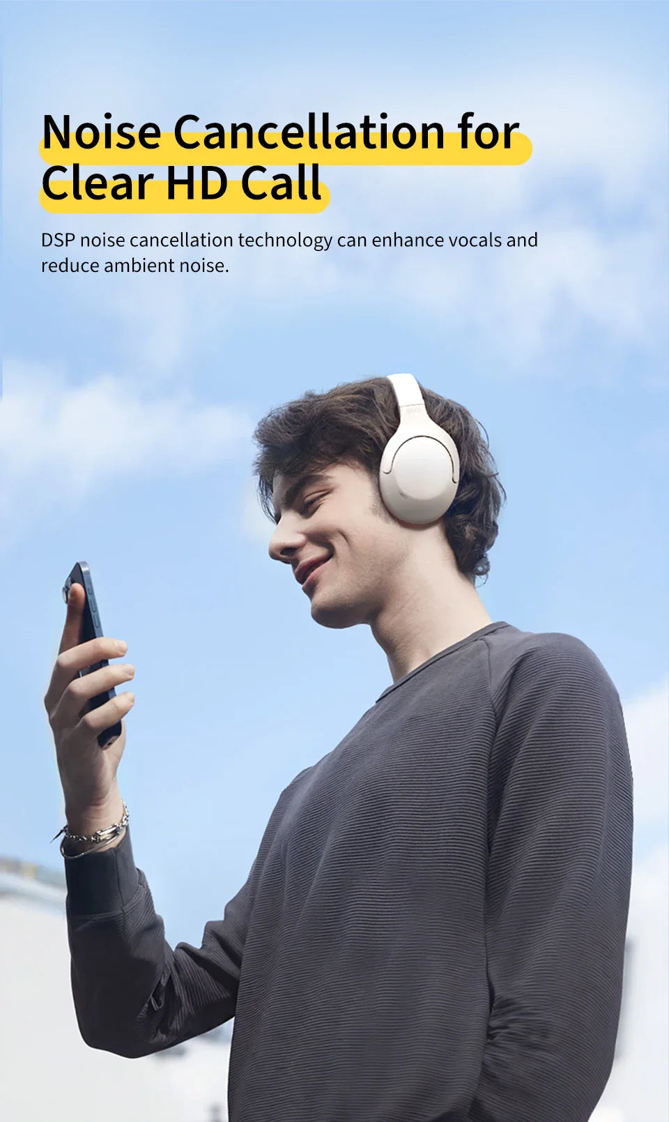Man wearing noise-canceling headphones.