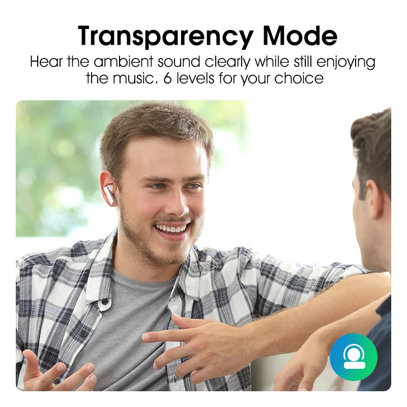Man wearing wireless earbuds.