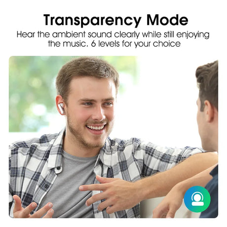 Man wearing wireless earbuds.