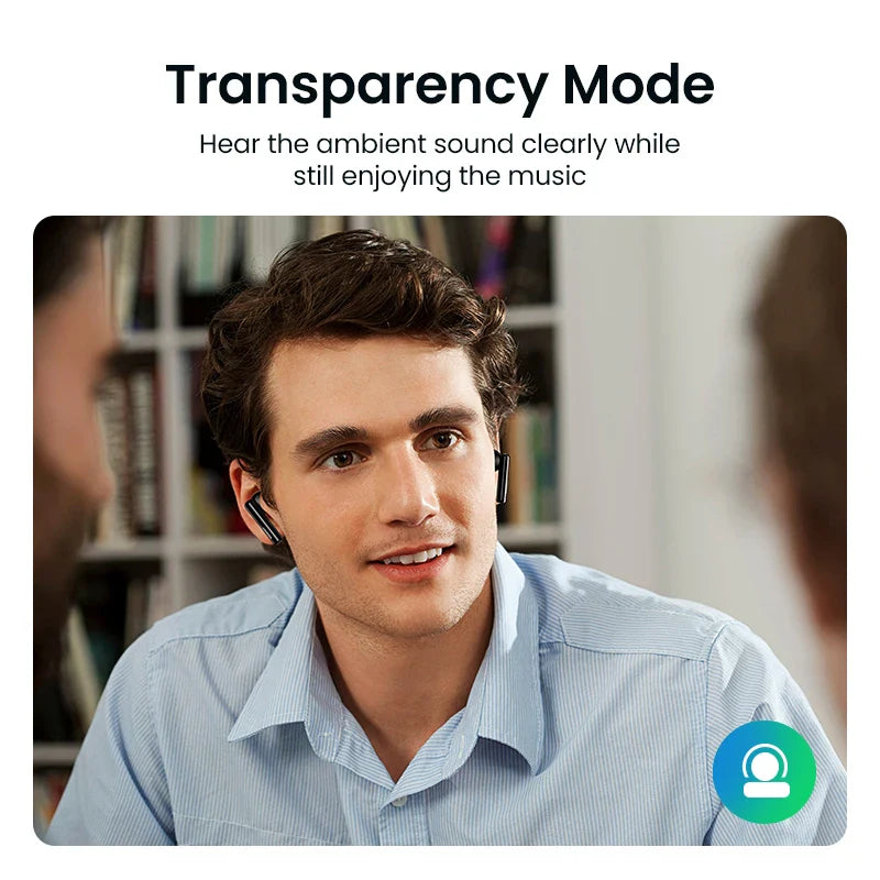Man wearing wireless earbuds.